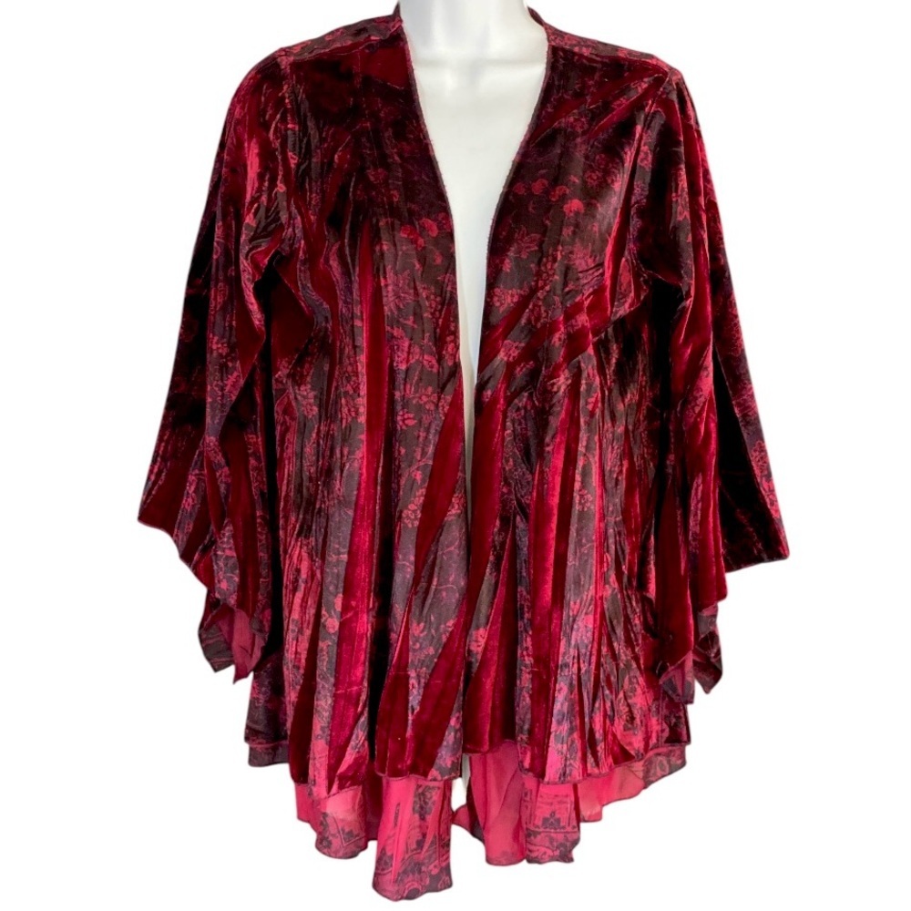 Whimsigoth Witchy Boho Velvet Burnout Kimono Flare Sleeve Red Black Size Medium